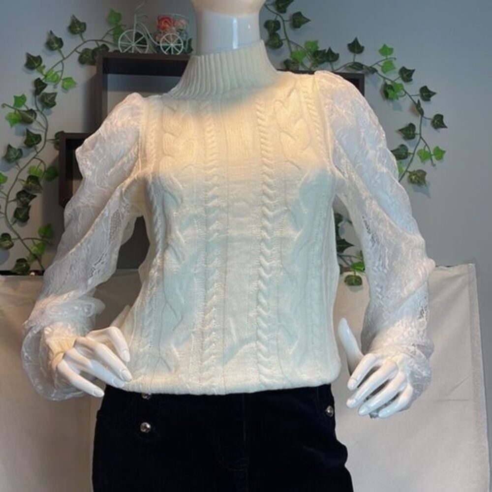 Zaful Mock Neck Cable Knit Lace Mesh Sleeve Ivory Sweater Size 4 - Picture 10 of 16